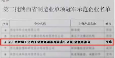 法士特伊頓（寶雞）公司獲陜西省“制造業(yè)單項冠軍示范企業(yè)”稱號
