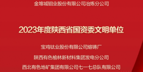 陜西有色金屬集團(tuán)5家權(quán)屬企業(yè)榮獲“2023年度陜西省國(guó)資委文明單位（標(biāo)兵）”稱號(hào)